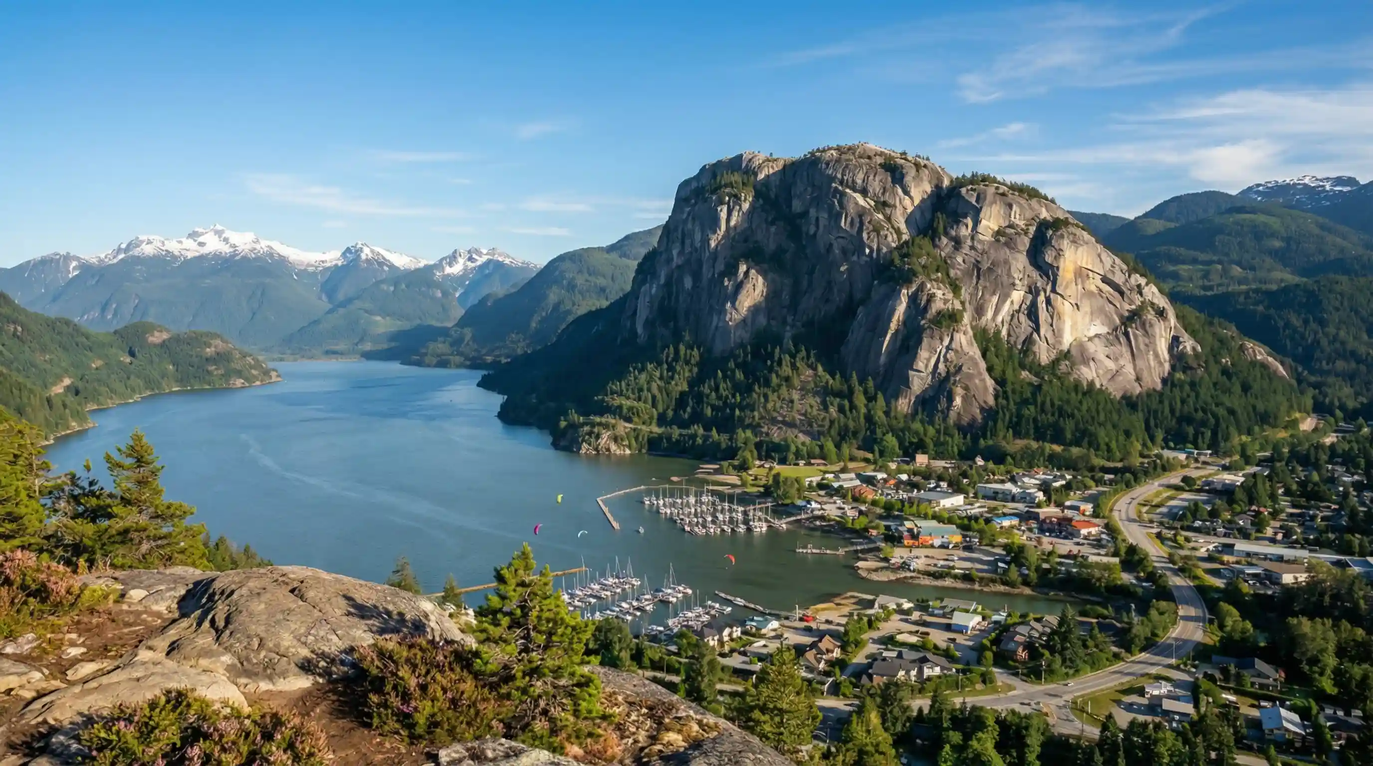 Custom cable railing on a Squamish mountain-view deck overlooking the Tantalus Range.